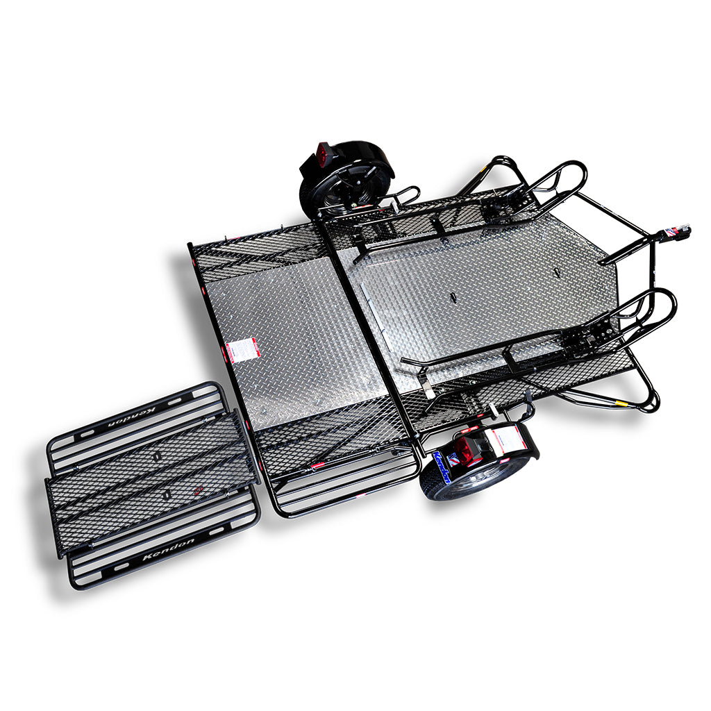 Dual Rail Ride Up SRL Folding Motorcycle Trailer for Large Motorcycles Kendon Industries LLC